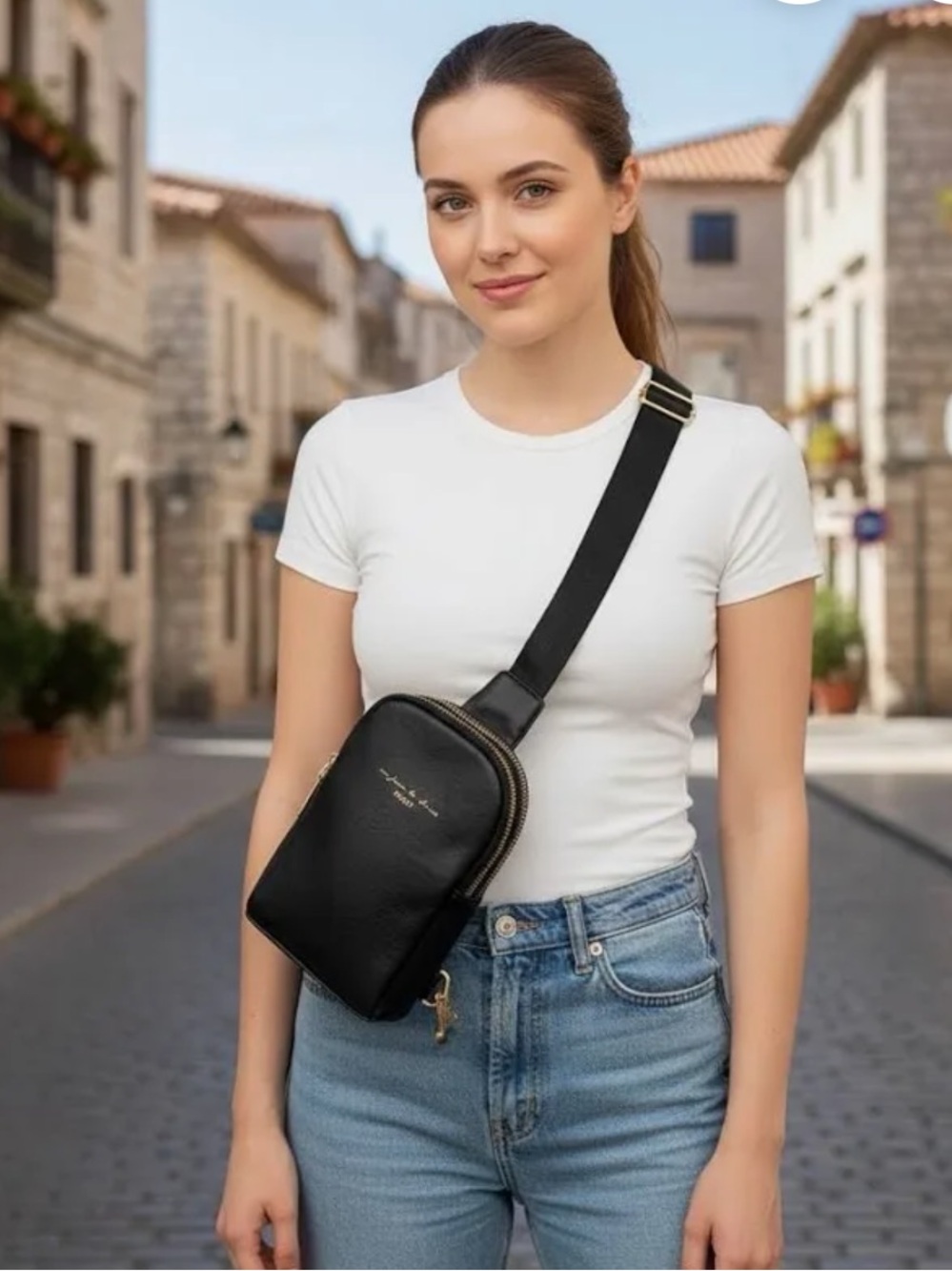 Inicat Black Small Crossbody Sling Bag Leather 2 Zippered Pockets
